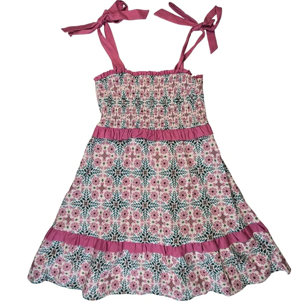 Anthropologie Joy Floral Linen Blend Tie Shoulder Smocked Ruffle Trim Dress Sz M